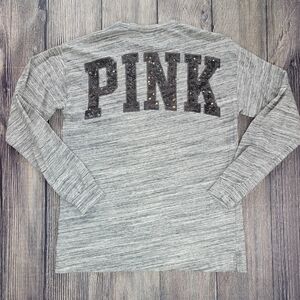 Victoria's Secret PINK Oversized Long Sleeve Bling Sequin Back Logo Pocket Tee